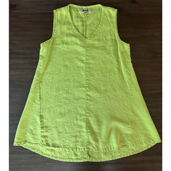 Flax Tunic Dress Womens 4-6 Green 100% Linen Sleeveless V Neck Tank Summer - Picture 1 of 8